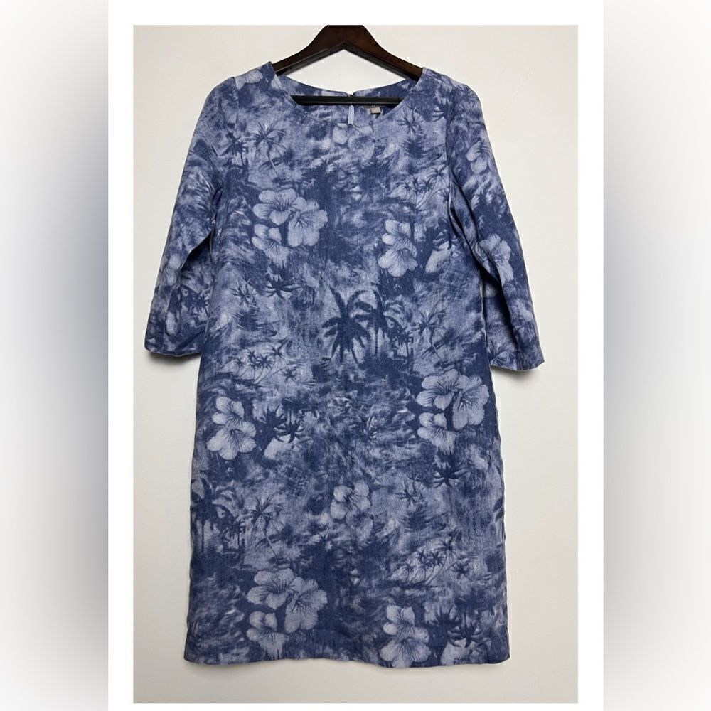 J. Jill 100% Linen Blue Tropical Hawaiian Print 3/4‎ Sleeve Shift Dress Size 8
